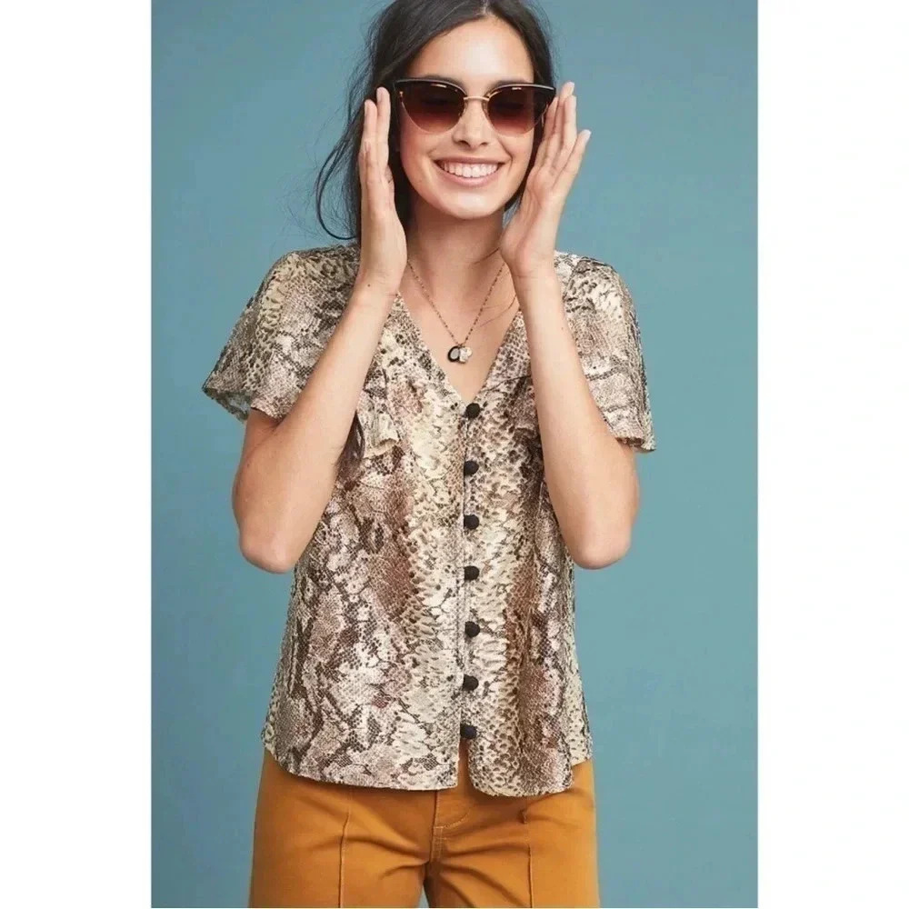 Eva Franco Anthropologie Willow Snake Print Flutter Sleeve Top Size Small